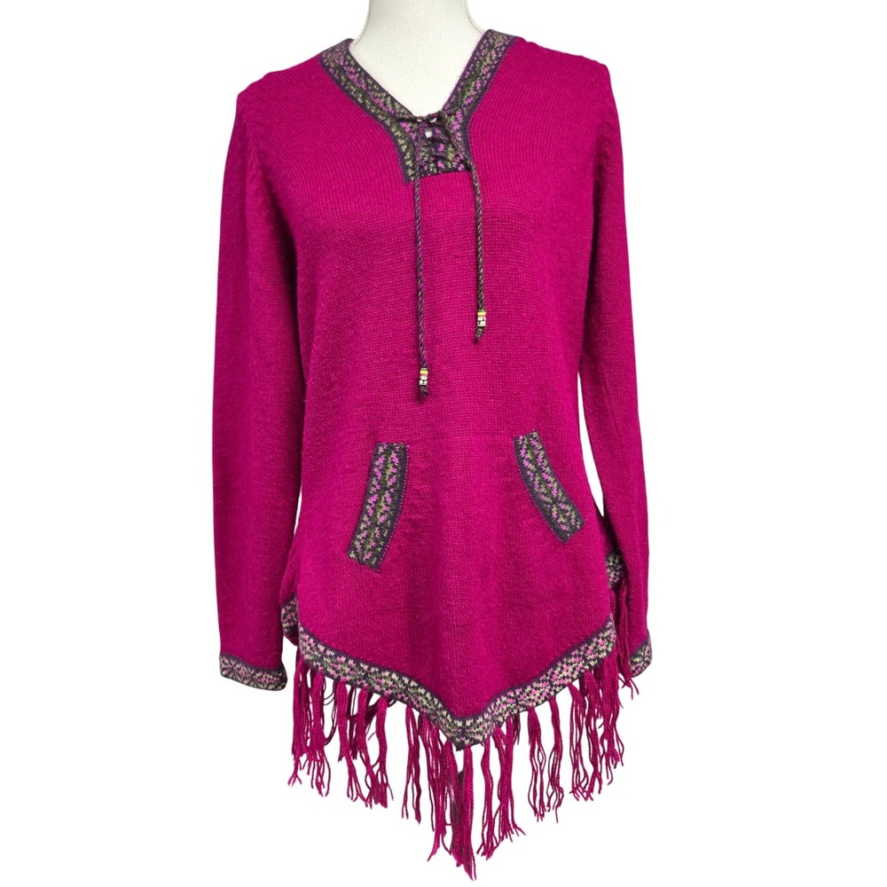 The Alpaca Connection‎ Magenta Knit Fringe Hoodie Sweater Peru Alpaca Blend Sz L